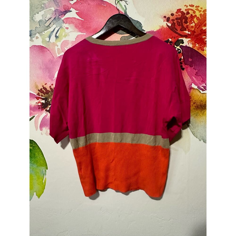 CABLE & GAUGE Pullover Lightweight Block Sweater Sz L Pink & Black 3/4 Sleeve - Picture 2 of 4